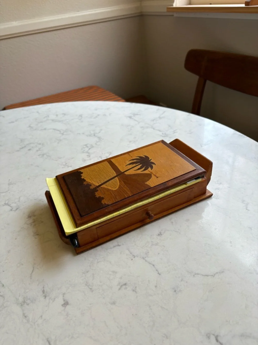Vintage MCM Wooden Palm Beach Notepad Holder with Pen - Brown